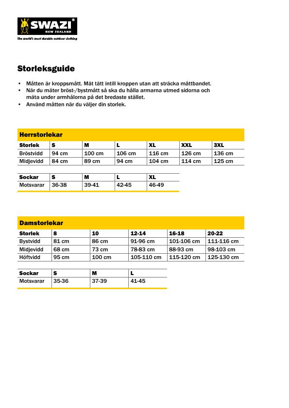 Swazi storlekstabell